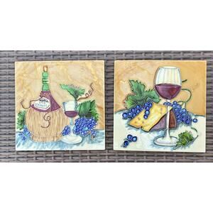 Pair of 8" x 8" Wine Hand Painted Ceramic Tiles Cheese